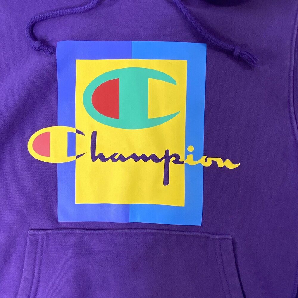 Champion Hoodie Sweatshirt Size Small Reverse Weave Purple Colorful Graphic Logo - Picture 3 of 12